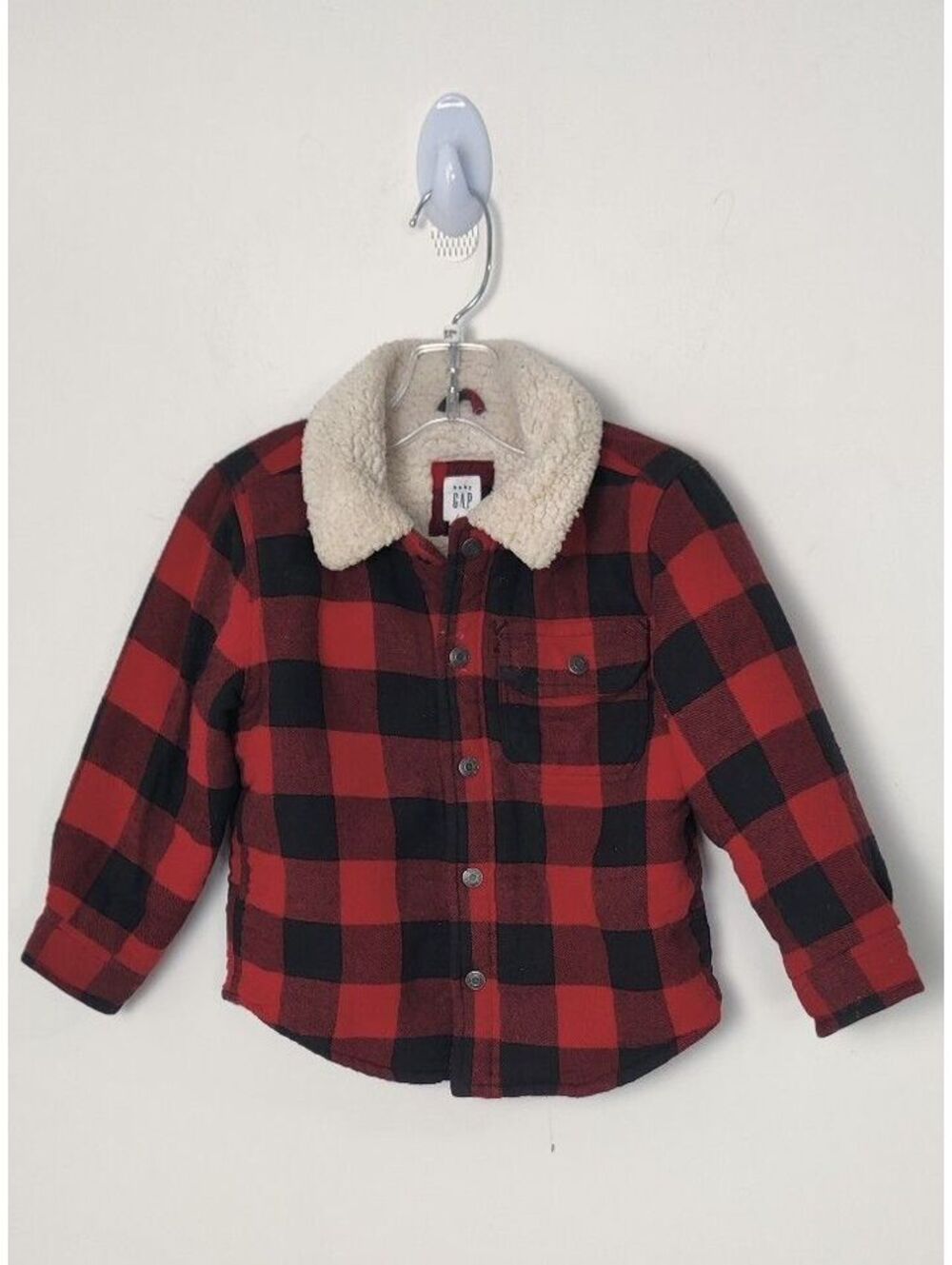Baby Gap Toddler Red Black Buffalo Plaid Sherpa Lined Fleece Collar Shacket 2T